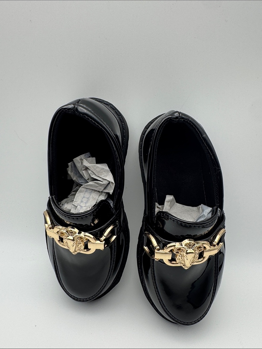 Kids Black Patent Loafers with Gold Accent